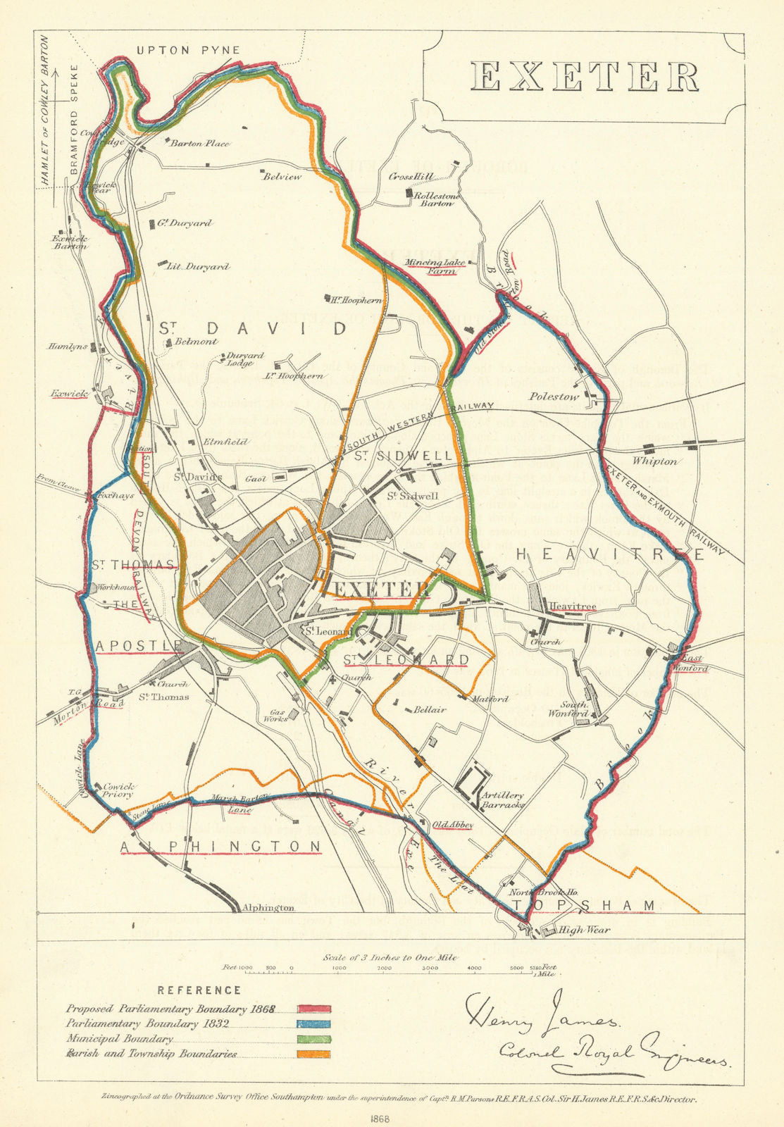Exeter, Devon. JAMES. Parliamentary Boundary Commission 1868 old antique map